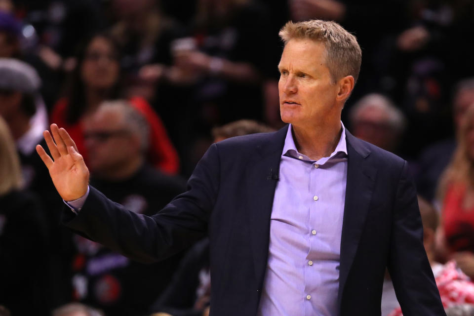 TORONTO, ONTARIO - MAY 30:  Head coach Steve Kerr of the Golden State Warriors reacts against the Toronto Raptors in the second half during Game One of the 2019 NBA Finals at Scotiabank Arena on May 30, 2019 in Toronto, Canada. NOTE TO USER: User expressly acknowledges and agrees that, by downloading and or using this photograph, User is consenting to the terms and conditions of the Getty Images License Agreement. (Photo by Gregory Shamus/Getty Images)