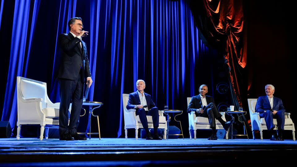 President Joe Biden, former Presidents Barack Obama and Bill Clinton participate in a discussion moderated by Stephen Colbert, host of CBS's "The Late Show with Stephen Colbert", during a campaign fundraising event at Radio City Music Hall in New York on March 28. - Elizabeth Frantz/Reuters