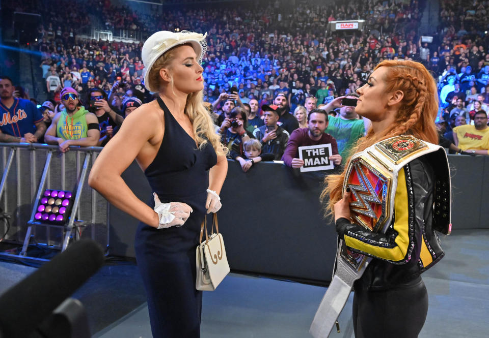 WWE star Lacey Evans squares off with Becky Lynch. (Photo Courtesy of WWE)