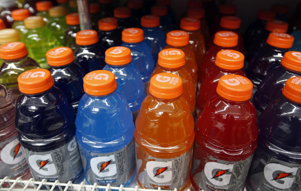 FILE - In this Oct. 6, 2010, file photo, bottles of Gatorade, a PepsiCo brand, are on display at a grocery store in Palo Alto, Calif. A shift by PepsiCo from sodas to more healthy and low-calorie drinks crimped sales in the third quarter of 2017, even with strong snack sales pushing profits up 8 percent compared with a year earlier. (AP Photo/Paul Sakuma, File)