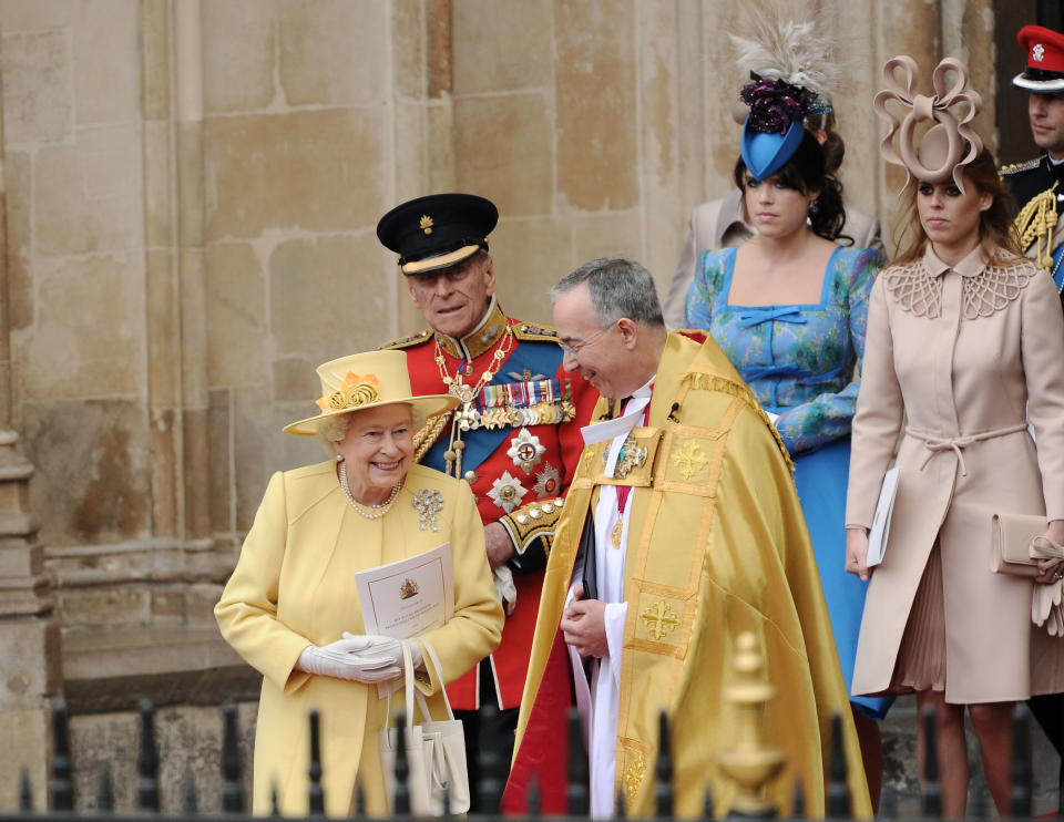 The Queen and Prince Phillip leave Westminster Abbey, followed by Princess Beatrice and Princess Eugenie