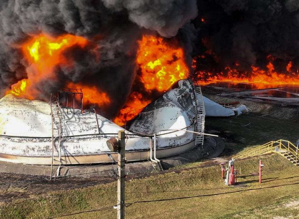 The aftermath of a drone attack on an oil depot in the Rivne region of western Ukraine.