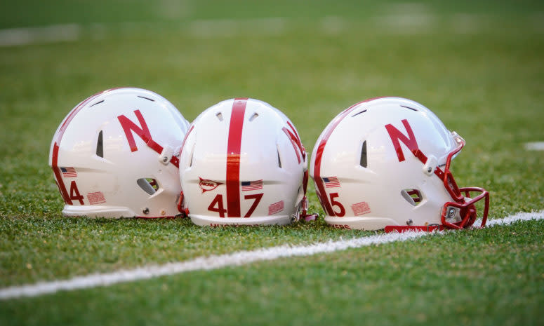 Nebraska Huskers helmets on the field.