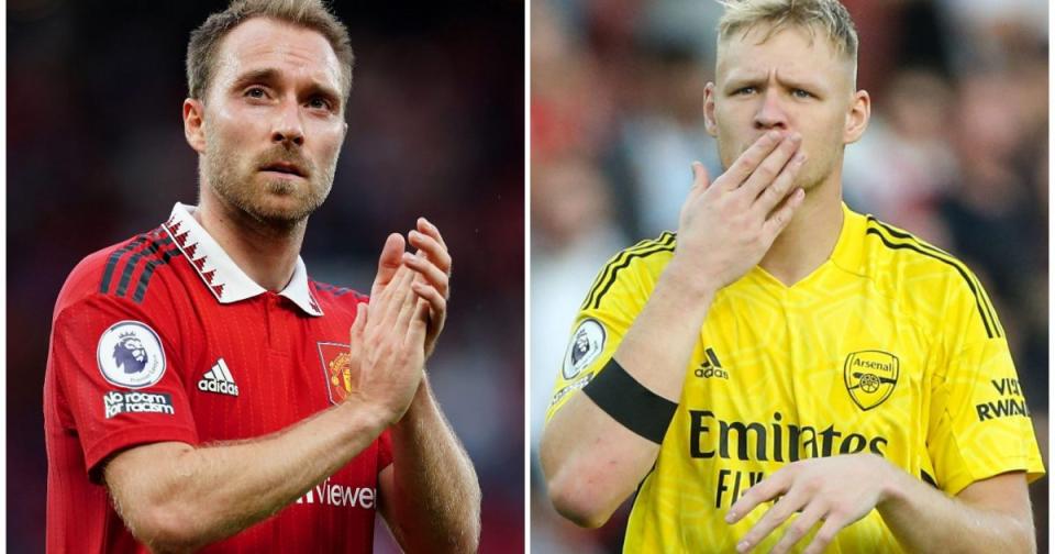 Manchester United midfielder Christian Eriksen and Arsenal goalkeeper Aaron Ramsdale. Credit: Alamy