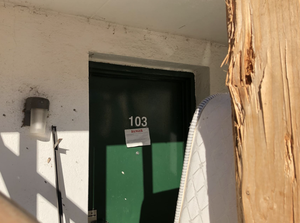 Room 103 of the Neshaminy Inn was inaccessible behind wooden scaffolding and a mattress. Danger signs are posted on some rooms at the hotel on Route 1 in Bensalem.