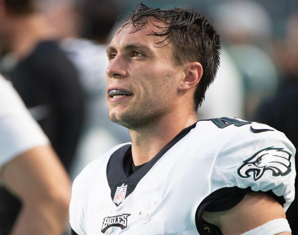 Philadelphia Eagles wide receiver Britain Covey (41) stands on the sidelines during an NFL football game against the Miami Dolphins, Saturday, Aug. 27, 2022, in Miami Gardens, Fla. (AP Photo/Doug Murray)