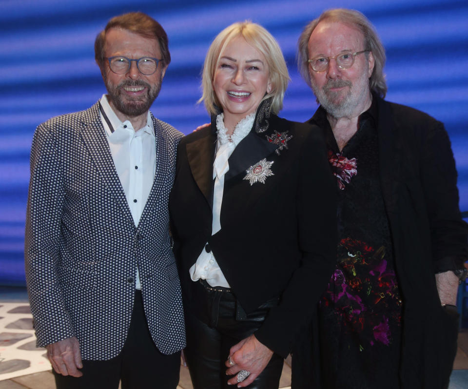 Theatre producer Judy Craymer backstage with Benny Andersson (right) and Bjorn Ulvaeus, after a performance of the musical Mamma Mia!. (Photo by Yui Mok/PA Images via Getty Images)