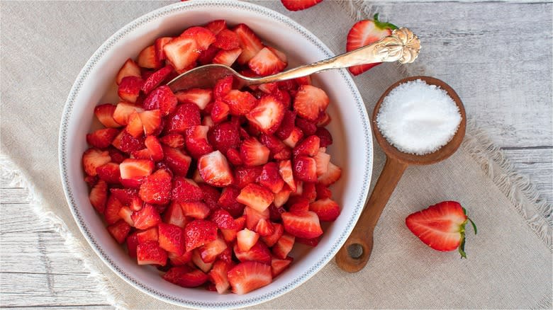 Chopped strawberries in bowl