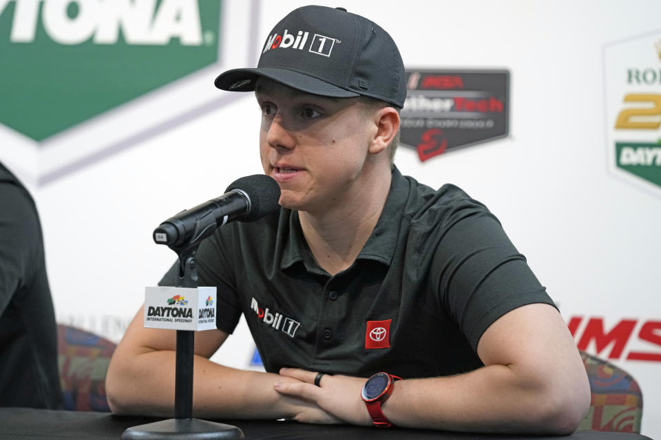 John Hunter Nemechek, of the Smooge auto racing team, speaks at a press conference at Daytona International Speedway, Thursday, Jan. 25, 2024, in Daytona Beach, Fla. (AP Photo/John Raoux)