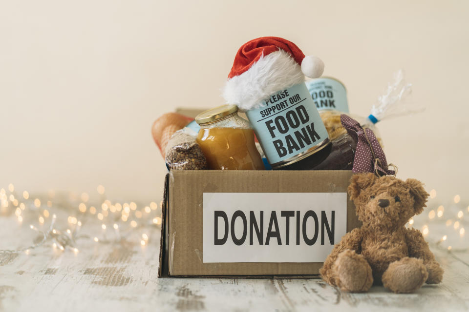 Small Teddy Bear in front of Food Bank Canned Food with Christmas Hat and filled Cardboard Box.