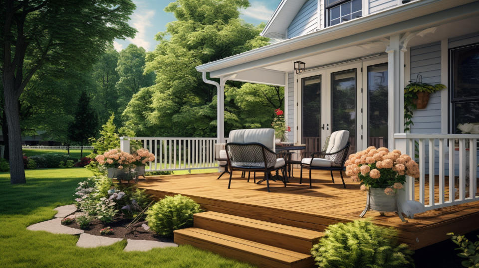 A home exterior with a deck and railing crafted with products from the company.