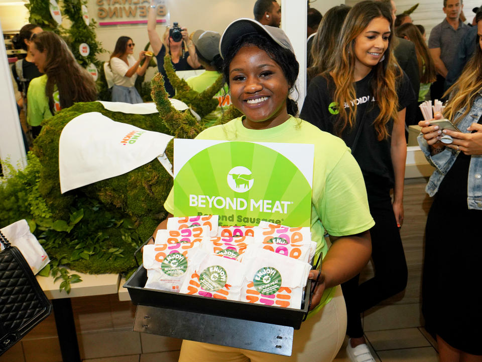 NEW YORK, NEW YORK - JULY 24: Beyond Sausage Breakfast Sandwiches are served during Dunkin' and Beyond Meat unveil Beyond Sausage Breakfast Sandwich at an event hosted by DeAndre Jordan of The Brooklyn Nets at Dunkin' Donuts on July 24, 2019 in New York City. (Photo by Jennifer Graylock/Getty Images for Dunkin' )