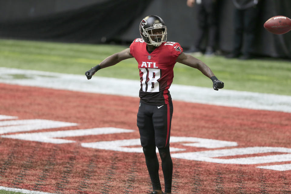 Wide receiver Calvin Ridley (18) of the Atlanta Falcons suffered a foot injury against the Panthers. (Photo by David John Griffin/Icon Sportswire via Getty Images)