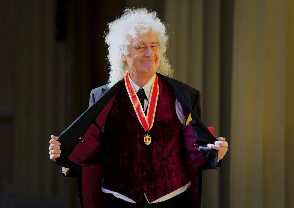 <p>During <a href="https://people.com/royals/king-charles-knights-brian-may-queen-buckingham-palace/" rel="nofollow noopener" target="_blank" data-ylk="slk:his investiture ceremony at Buckingham Palace;elm:context_link;itc:0" class="link ">his investiture ceremony at Buckingham Palace</a> on March 14, Sir Brian May flaunts his new Knight Bachelor title bestowed upon him by King Charles III for service in music and charity.</p>