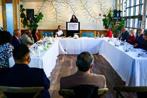 SBA Administrator Isabella Casillas Guzman, and Reps. Dwight Evans and Chrissy Houlahan participate in a National Urban League Black History Month Small Business Roundtable featuring local small business owners in Philadelphia, PA.