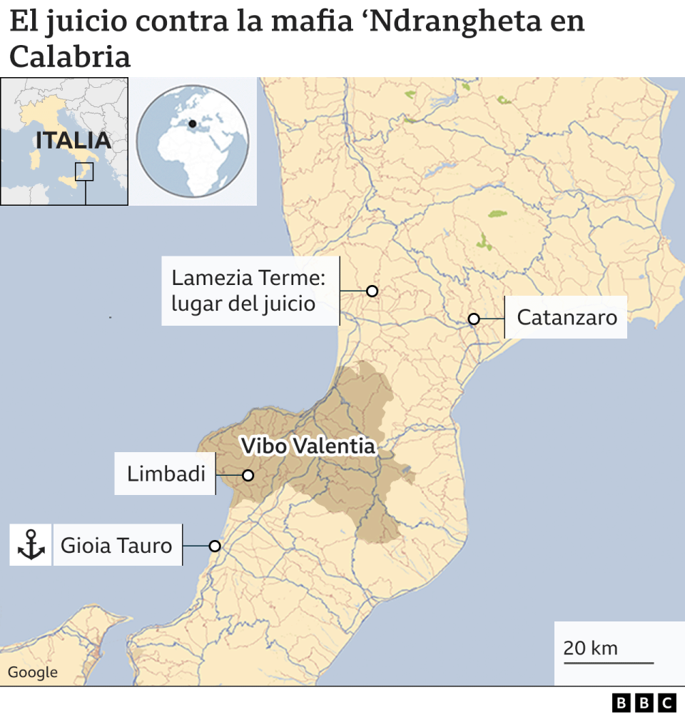 Un gráfico donde se presenta el lugar del macro juicio contra el clan Mancuso.