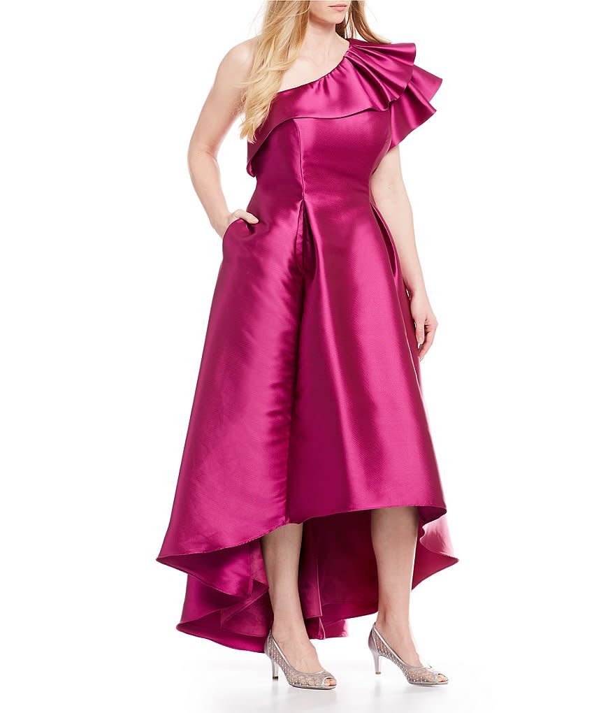 Adrianna Papell, Ruffle One-Shoulder High Low Gown (Photo: Dillard’s)