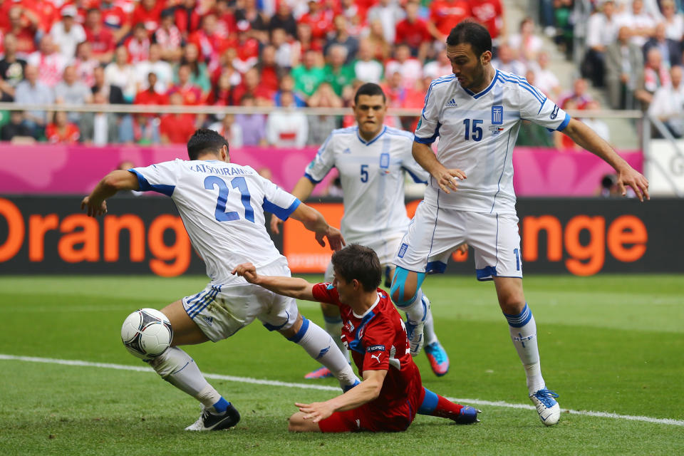 WROCLAW, POLAND - JUNE 12: Vaclav Pilar of Czech Republic scores their second goal during the UEFA EURO 2012 group A match between Greece and Czech Republic at The Municipal Stadium on June 12, 2012 in Wroclaw, Poland. (Photo by Christof Koepsel/Getty Images)