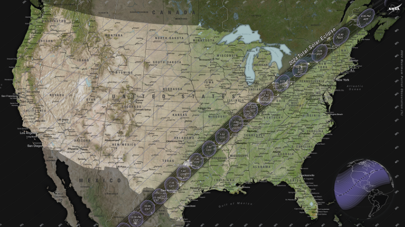 The 2024 total solar eclipse path crosses from Mexico, through the United States from Texas to Maine, and up through Canada. (Photo Courtesy: NASA's Scientific Visualization Studio) 