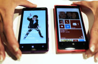 NEW YORK, NY - SEPTEMBER 05: The the new Nokia 820 and (L) Lumia 920 Windows smartphones are displayed during a joint event with Microsoft on September 5, 2012 in New York City. The new Nokia phones are the first smartphones built for Windows 8. Analysts see the new phones as Nokia's last chance to compete with fellow technology companies Apple and Samsung in the lucrative smartphone market. (Photo by Spencer Platt/Getty Images)