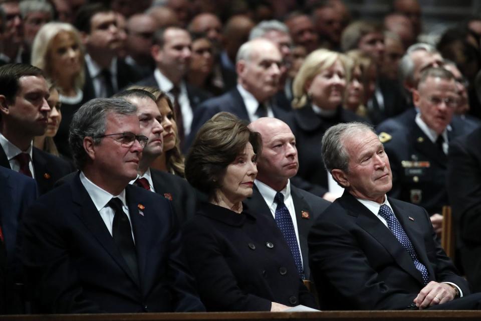 <p>Former Florida Governor Jeb Bush, former First Lady Laura Bush and former President George W. Bush during the funeral.</p>
