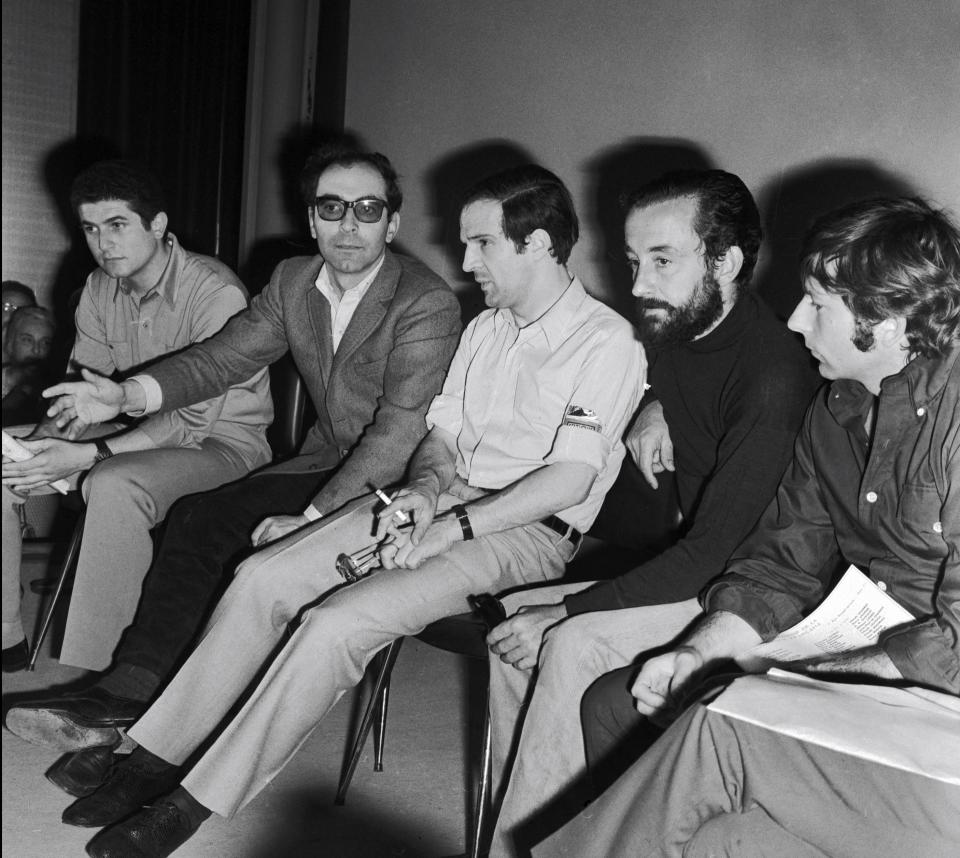 (L-R) Protesting directors Claude Lelouch, Godard, Francois Truffaut, Louis Malle and Roman Polanski at Cannes in 1968