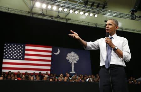 U.S. President Barack Obama speaks during a town-hall meeting with students and Columbia area youth leaders about the importance of community involvement at Benedict College in Columbia, South Carolina March 6, 2015. REUTERS/Kevin Lamarque