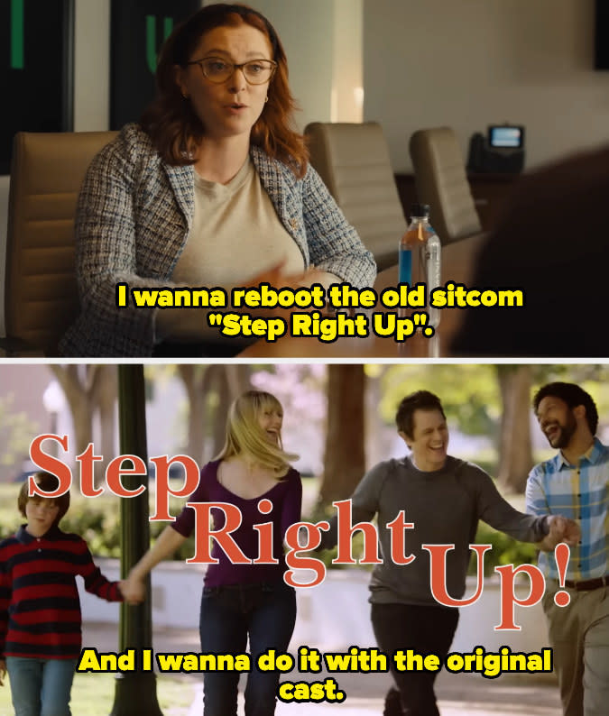a woman pitching a reboot of "Step Right Up"; people holding hands and walking and laughing