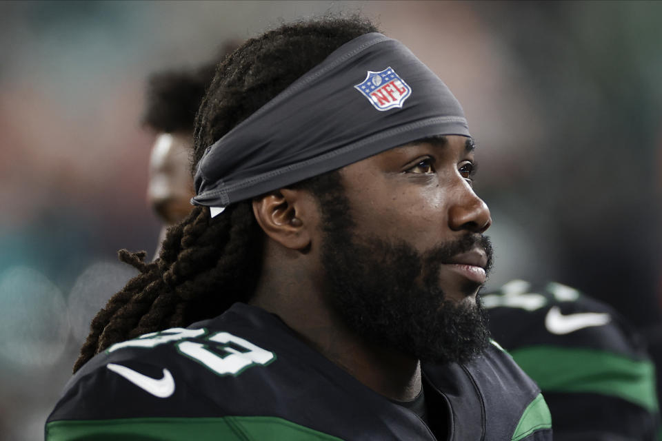 New York Jets running back Dalvin Cook (33) during the first half of an NFL football game against the Miami Dolphins, Friday, Nov. 24, 2023, in East Rutherford, N.J. (AP Photo/Adam Hunger)