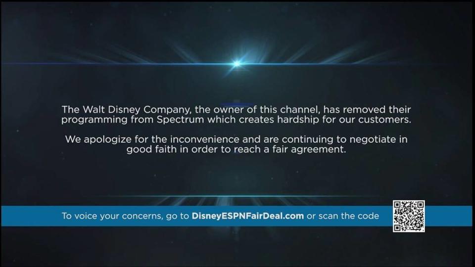 A screenshot of the message shown by Spectrum when a customer tries to view ESPN.