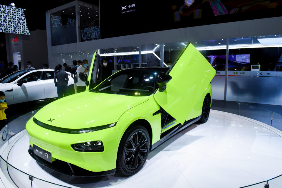 GUANGZHOU, CHINA - NOVEMBER 21: A XPeng P7 electric vehicle is on display during the 18th Guangzhou International Automobile Exhibition at China Import and Export Fair Complex on November 21, 2020 in Guangzhou, Guangdong Province of China. (Photo by Ou Jinwei/VCG via Getty Images)