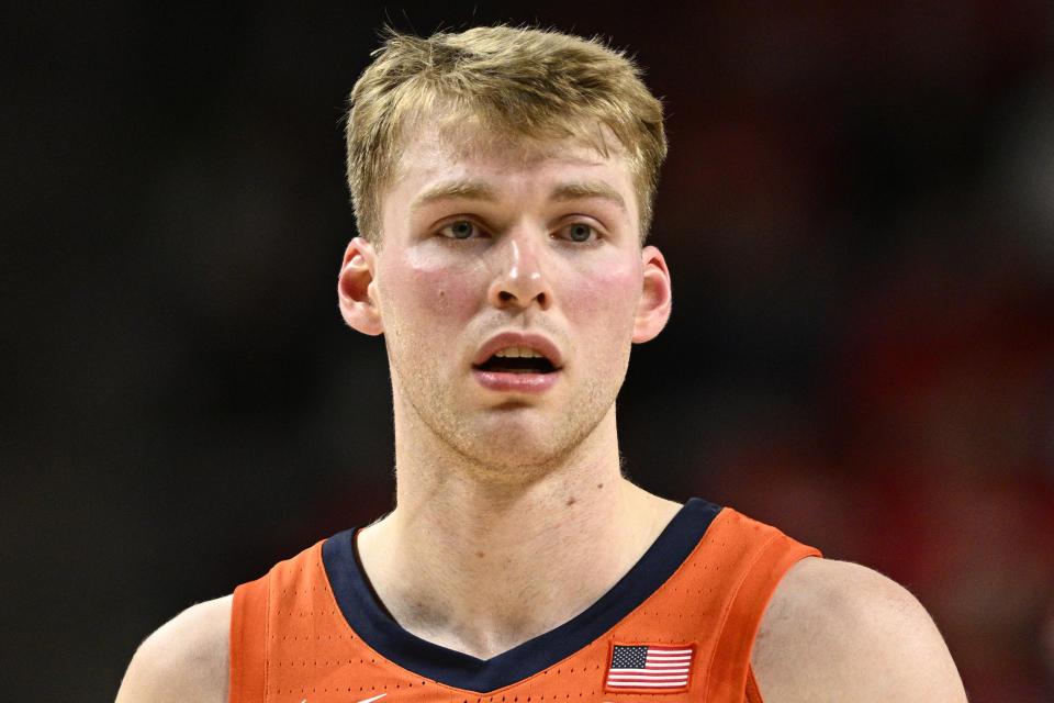 Illinois forward Marcus Domask (3) looks on during the first half of an NCAA college basketball game against Maryland, Saturday, Feb. 17, 2024, in College Park, Md. Domask was named newcomer of the year on the AP All-Big Ten first team in voting released Tuesday, March 12, 2024.(AP Photo/Nick Wass)