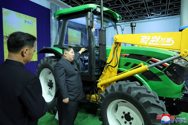 North Korean leader Kim Jong Un visits the agricultural machinery exhibition hall