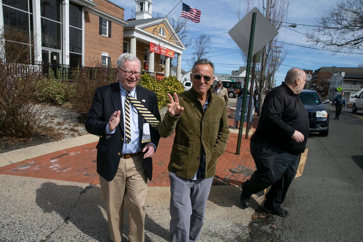 Bruce Springsteen and cousin Glenn Cashion attend an event on March 8, 2022, to announce the creation of an exhibition space to celebrate the life of Freehold’s most famous son, The Boss. The current Freehold Fire Department on Main Street will become a museum dedicated to the rock star's life.