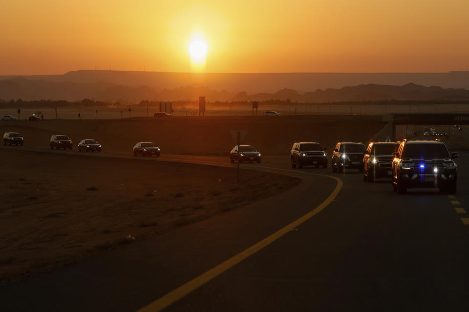 The motorcade of U.S. Secretary of State Antony Blinken drives to the royal camp, during his week-long trip aimed at calming tensions across the Middle East, in Al Ula, Saudi Arabia, Monday, Jan. 8, 2024. (Evelyn Hockstein, Pool Photo via AP)