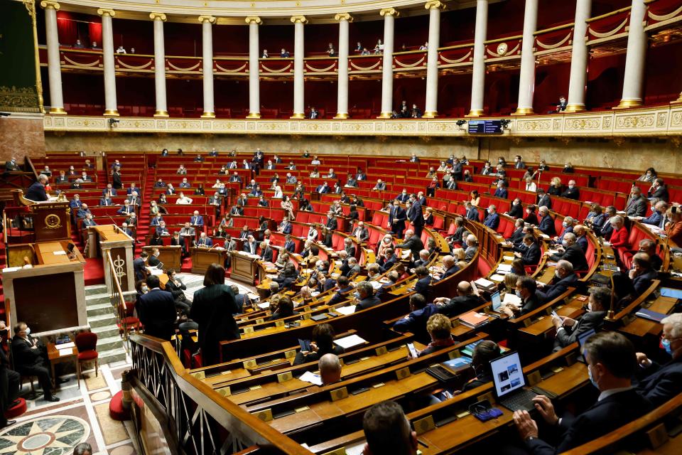 Politicians are shown in the French National Assembly in Paris on 9 February, 2021.  (AFP via Getty Images)