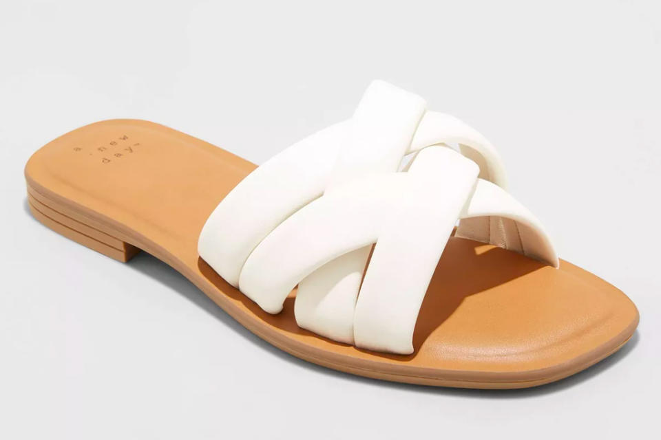 white sandals, tan, slides, target