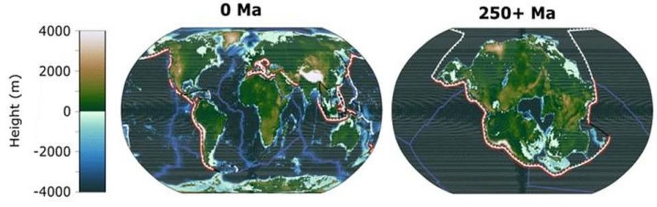 La imagen muestra la geografía de la Tierra actual y la geografía proyectada de la Tierra dentro de 250 millones de años, cuando todos los continentes converjan en un supercontinente (Universidad de Bristol)