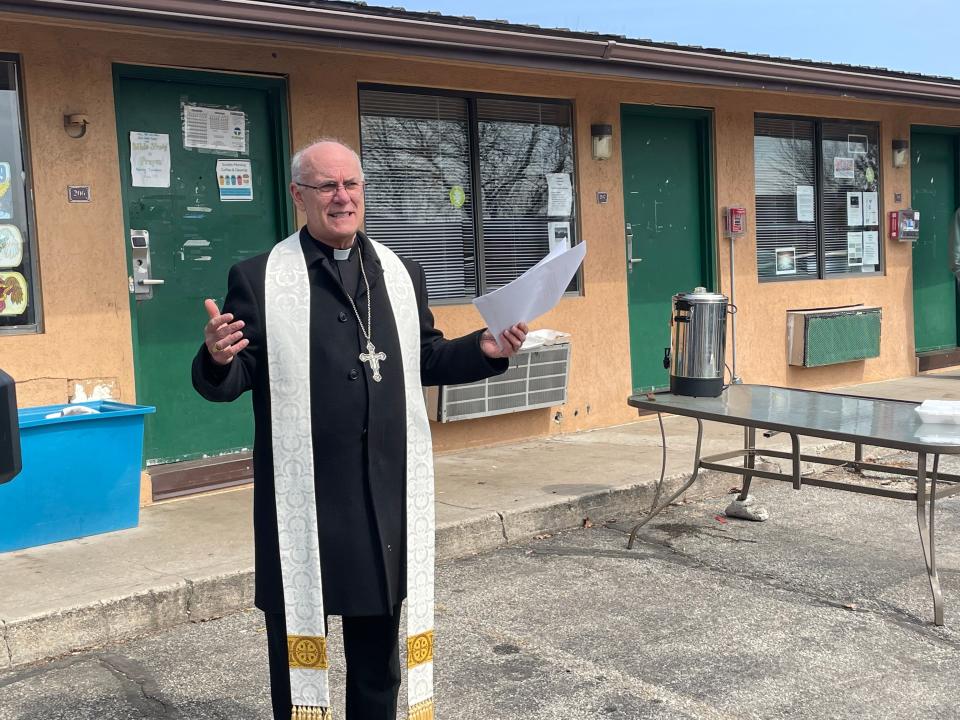 Bishop Kevin Rhoades of the Diocese of Fort Wayne-South Bend led a blessing Thursday at the Motels4Now site.