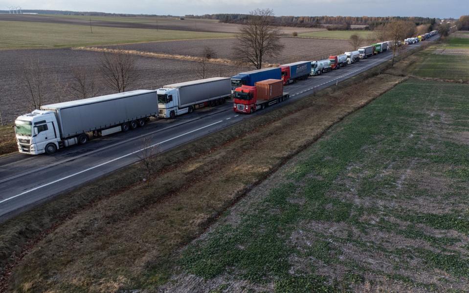 Trucks standing in a queue at the Polish-Ukrainian border