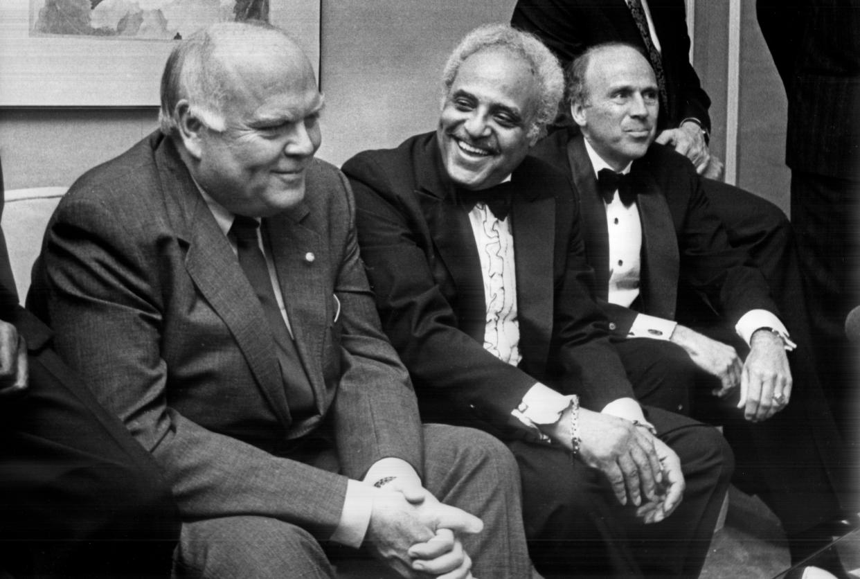 March 1987 - NAACP Executive Director Benjamin L. Hooks (center) and Freedom Fund Gala co-chairman J.R. Hyde III (right) visit with Governor Ned McWherter before the event at The Peabody.