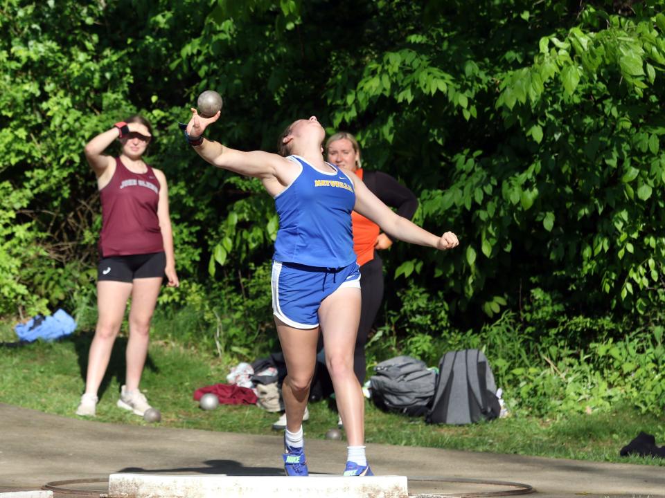 Maysville's Bella Van Wey throws the shot during the Muskingum Valley League Track and Field Meet on Friday at Maysville High School.