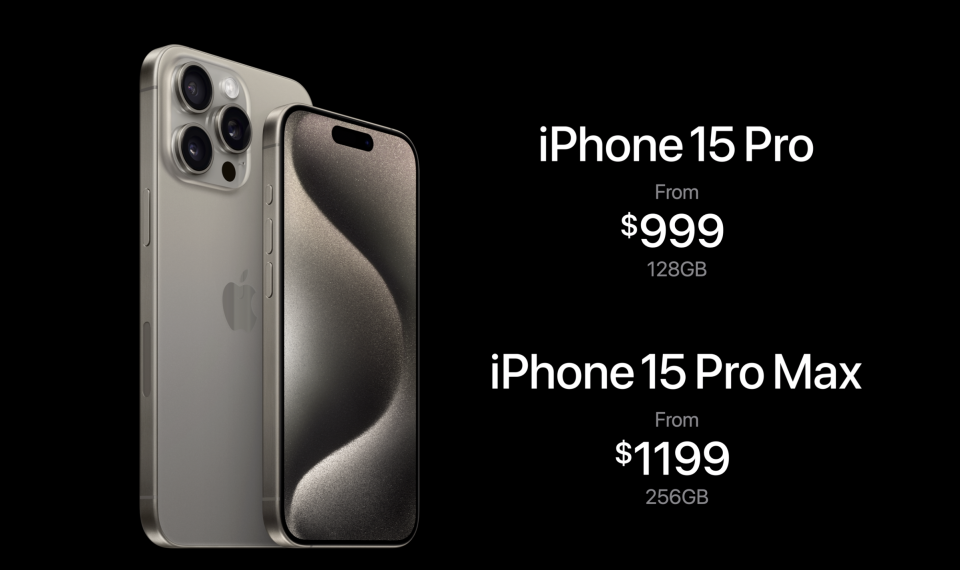 Starting price points for Apple's iPhone 15 Pro and iPhone 15 Pro Max. (Apple)