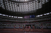 Japanese athletes compete during the women's 800 meter race at an athletics test event for the Tokyo 2020 Olympics Games at National Stadium in Tokyo, Sunday, May 9, 2021. (AP Photo/Shuji Kajiyama)