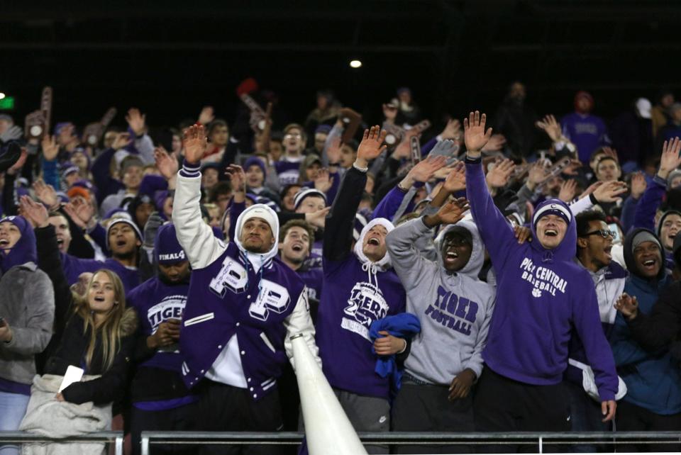 Pickerington High School fans sing "Goodbye" to Mentor High School following their Division I OSHAA State Football Championship win over Mentor High School at the Tom Benson Hall of Fame Stadium at the Pro Football Hall of Fame in Canton, Ohio on December 1, 2017. [ Brooke LaValley / Dispatch ]