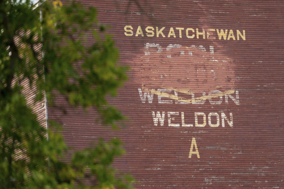 A grain elevator is photographed in Weldon, Sask., Monday, Sept. 5, 2022. Multiple victims were stabbed and others injured in the Canadian province of Saskatchewan. Authorities have said some of the victims were targeted and others appeared to have been chosen at random on the James Smith Cree Nation and in the town of Weldon in Saskatchewan. (Heywood Yu/The Canadian Press via AP)