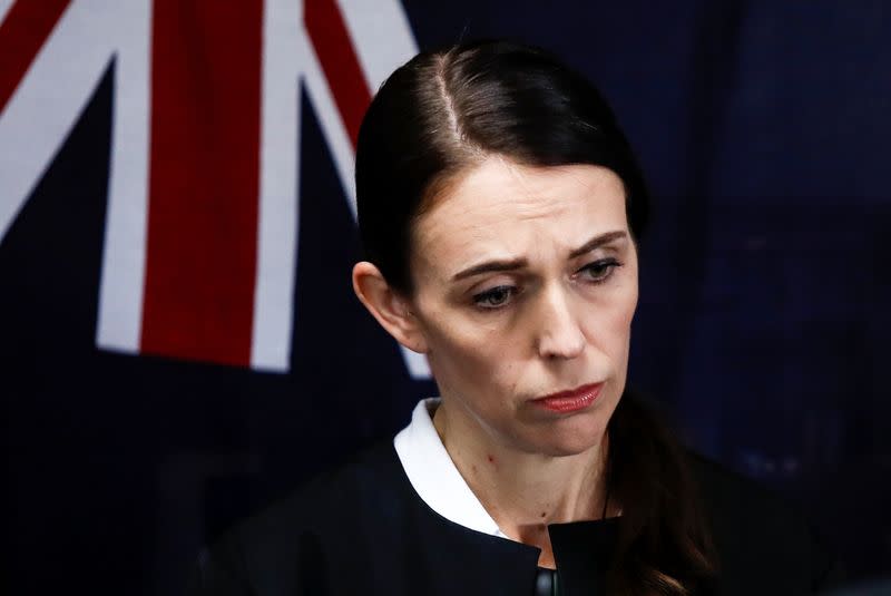 New Zealand's Prime Minister Jacinda Ardern looks on at a media standup in the aftermath of the eruption of White Island volcano, also known by its Maori name Whakaari, at Whakatane