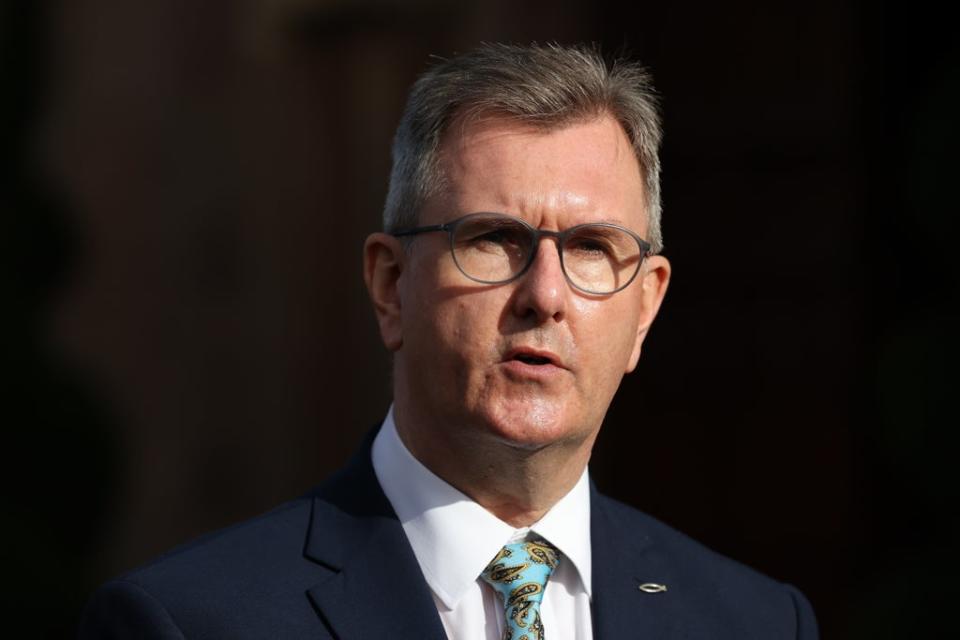 Leader of the DUP Sir Jeffrey Donaldson speaking after a service to mark the centenary of Northern Ireland at St Patrick’s Cathedral in Armagh (Liam McBurney/PA) (PA Wire)