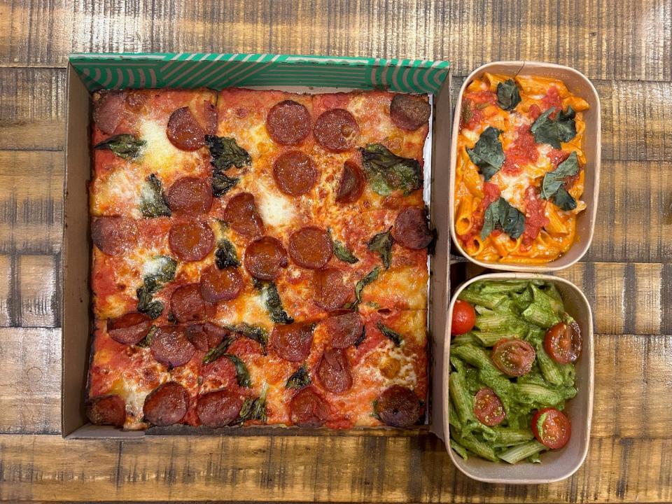 Goop Superfina Pepperoni Potts pizza and two pastas