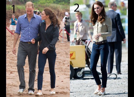 <strong>LOOK 1</strong>: Attending a dragon boat race in Charlottetown, Canada on July 4, 2011, wearing J Brand twill pants.    <strong>LOOK 2</strong>: Boarding a sea plane in Yellowknife Canada, wearing J Brand pants on ​July 5, 2011. (Getty photos)